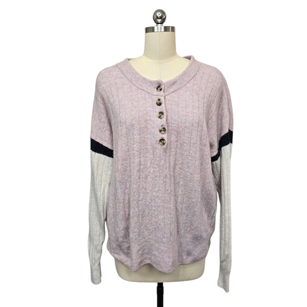 Madewell Merino Wool Alpaca Blend Colorblock Henley Sweater Pink Cream Sz Medium